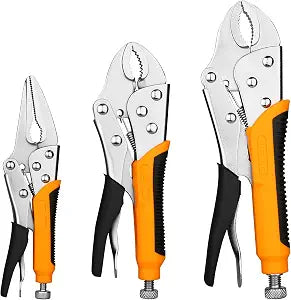 DEKOPRO 3-Piece Locking Pliers, Locking Jaw Plier, Vice Grips with Cr-V, 7" and 10" Curved Jaw Plier, 6-1/2" Long Nose Plier