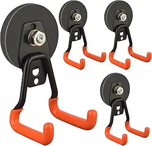 ULIBERMAGNET Pro-Mag Upgraded Heavy Duty Magnetic Garage Hooks,4 Pack Strong Large Magnet Hooks for Power Drill,Garden Tools,Hose,Pegboard,Garage, Workshop,Magnetic Storage Hook for Hanging(Orange)