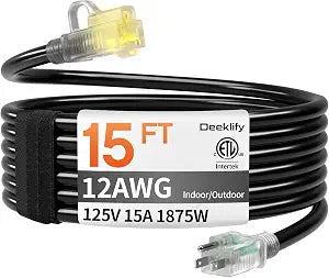 12 Gauge 15 FT Heavy Duty Outdoor Extension Cord Waterproof Black