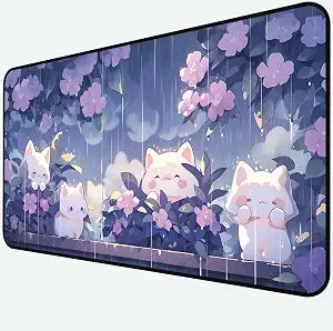 Cute Anime Office Desk Pad, White Cat Rain Keyboard and Mouse Pad XXL, Large Size Game Desk Mat, Purple Flower Laptop Desktop Pad, Women Kawaii Office Home Decoration Accessories 31.5"X15.7"