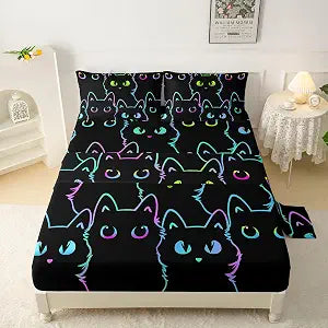 QOOMO Cute Cartoon Cat Sheets Set Twin Size,Kawaii Simple Strokes Animals Kids Bed Sheets with 2 Pillowcase,Cot Sheets Fitted Sheet with 16" Deep Pocket,for Girls Boys Teen Bedding 4 Piece Set