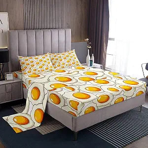 Castle Fairy Cute Fried Egg Sheet Set Twin Size,Cartoon Eggs Bedding Sets 3Pcs for Kids Girls Boys Teens Room Decor,Breakfast Food Fitted Sheets Funny Yellow Top Flat Sheet,1 Pillowcase