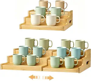 3-Tier Expandable Bamboo Mug Holder for Countertop Coffee Cup Holder Display Mug Organizer Mug Rack for Coffee Bar Organizer Mug Shelf for Cabinet for Kitchen, Home, No Assembly