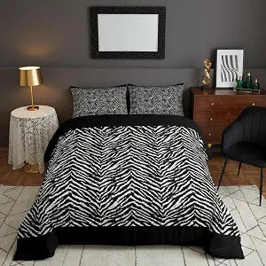 Castle Fairy Zebra Skin Comforter Set Twin Size Black White Animal Fur Quilt Set Africa Wildlife Bedding Set 2pcs for Kids Boys Men Adults Room Decor Geometric Stripes Duvet Insert,1 Pillowcase