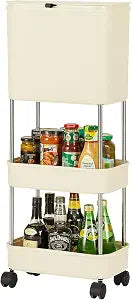 VECELO Kitchen Trash Can with Lid, Garbage Bin with Storage Rack, Dog Proof Narrow Waste Basket for Bathroom, Bedroom, Living Room, Office, White