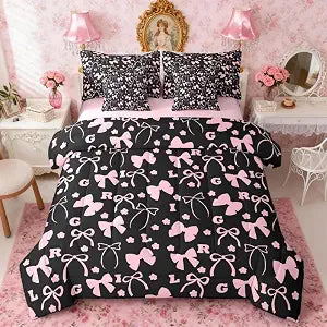 Feelyou Bow Comforter Set Twin Size Cute 7 Pieces Floral Bowknot