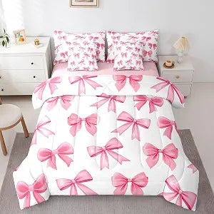 Feelyou Kawaii Pink Bowknot Comforter Set Twin Size 7 Pcs Bedding Set Kids