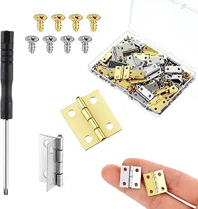 60 Pcs Mini Hinges, Small Hinges for Wooden Jewelry Box with Screwdriver and 120 Gold+120 Silver Screws for Dollhouse, Miniature Furniture 30 Gold+Silver Hinge