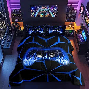 Feelyou Kids Gamer Comforter Set,Gaming Bedding Set Twin Size for Boys Girls,3D Geometric Video Game Console Comforter,Blue and Black Game Contoller Bed Set for All Season