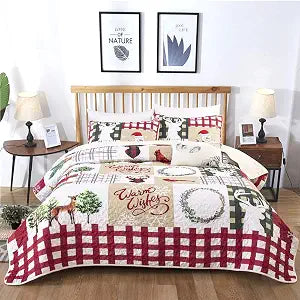 WONGS BEDDING Christmas Quilt Set Queen, Rustic Snowman Patchwork Bedding