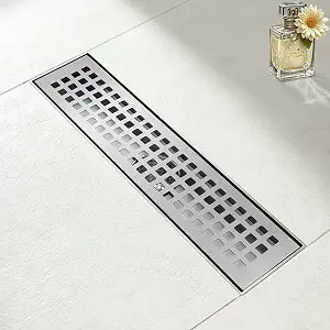 Shower Drain 12 inch, Linear Shower Drain with Grate Rectangular Bathroom Floor Drain SUS 304 Stainless Steel Fast Drainage Hair Filter Basket Leveling Feet Brushed