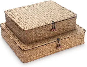 Seagrass Storage Basket Box with Lid, Natural, Set of 2