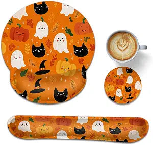 Halloween Wrist Rest Support for Mouse Pad Keyboard Set, Ghosts Pumpkins Black Cats Mouse Pad with Non Slip Rubber Base for Home and Office Typing Support