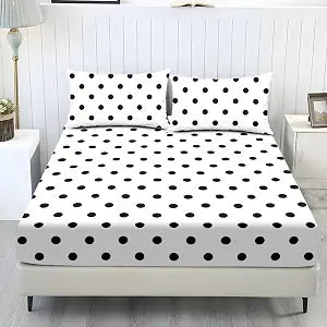 Suobstales Polka Dot Pattern 3-Piece Fitted Sheet Bedsheet with Breathable Pillowcases Deep Pocket Fitted Sheet Premium Soft Bedsheet for Bedroom Decor, Queen Size