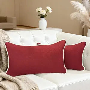 HER HWA Outdoor Lumbar Pillow Covers White Piping 20"x12" Set of 2, Red