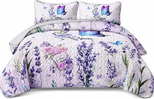 AILONEN Girls Floral Butterfly Quilt Set Twin Size,Beautiful Purple Quilted Bedspread Coverlet for Kids Women,Soft Lightweight Bedding 3 Pieces,1 Quilt,2 Pillowcases