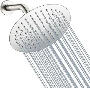 Round 6 Inch Stainless Steel Shower Head High Pressure Rainall Shower Head Brushed Nickel Ultra Thin Design-Best Pressure Boosting with Silicone Nozzle Easy to Install