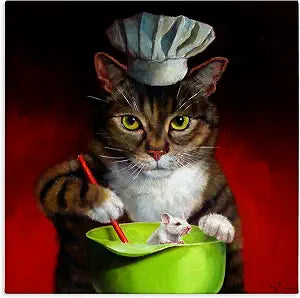 Cat Chef Mouse Kitchen Whimsy, 24 x 24 Inch Canvas Wall Art