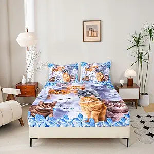 Kids Cute Cat Bedding Set Cartoon Pet Cats Bed Sheets for Children Boys Girls Cute Kitten Print Bed Sheet Set Cat Lover's Animal Themed Design Fitted Sheet Bedroom Collection 3Pcs Full Size