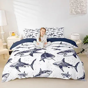 Erosebridal Shark Duvet Cover Full Size Ocean Life Bedding Set for Kids Boys Girls Children Underwater Word Comforter Cover Sea Animal Quilt Cover Grey and White Home Decoration