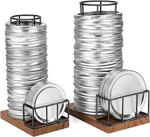 2PCS Mason Jar Lid Organizer & Holder (Wide Mouth & Regular Mouth) Iron Ball Jar Wooden Storage Accessories for Home Kitchen Organization Fit Mason/Canning/Bamboo Lids, Holds 20 Lids & 20 Rings