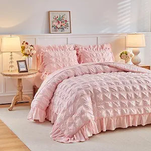 Tititada Blush Pink Plaid Seersucker Comforter Set with Ruffled Fringe Twin Size, 3 Pieces Soft Fluffy Farmhouse Bedding Set for All Season, Twin Bed Set with Ruffle Shams (Blush Pink, Twin)