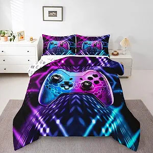 Feelyou Gamer Comforter Set Gaming Twin Size Bedding Set for Kids Boys Girls Purple Blue Geometric Game Duvet Quilt