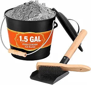 FEED GARDEN 1.5 Gallon Ash Bucket for Fireplace with Lid, Shovel & Hand Brush - Small Heavy Duty Powder-Coated Galvanized Ash Can for Wood Stove, Pellet Stove, Fire Pit & Grill Cleanup Black