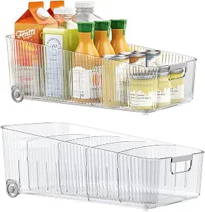 Pull Out Fridge Organizer Bins with Wheels, 8 Dividers, 2-Pack