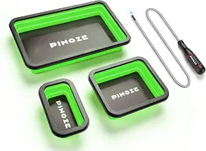 PINOZE Collapsible Magnetic Parts Organizer Trays & 12" Flexible Magnetic Pickup Tool, 3 Different Size Magnet Tool Trays & Pick-Up Sweeper for Screw, Bolts, Nuts, Washers, Pins and Metal Parts, Green