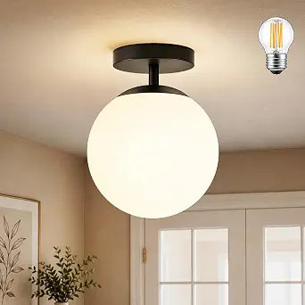 Bagood 6" Black Modern Glass Globe Ceiling Lights Mid Century Ceiling Light Fixtures with Milky White Glass Semi Flush Mount Ceiling Light for Kitchen Bathroom Hallway Bedroom Entryway Bulb Included