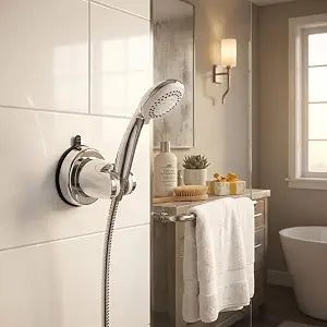 Water Removable Wall Mount Bracket with Height Adjustable, Strong Adhesive Grip Suction Cup Shower Head Holder, No Drill Installation for Bathroom, Press Holder