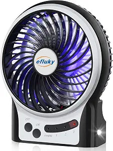 efluky 4.9-Inch Mini Desk Fan - 3 Speeds, Rechargeable Battery/USB Powered with LED Light, Quiet Portable Fan for Home, Office, Travel, Camping (Black)
