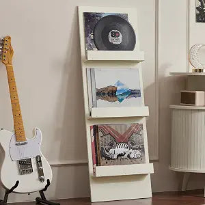 LELELINKY Wall-Leaning Vinyl Record Holder with 3 Tier Display Shelf, 47.5'' Tall Record Storage Magazine Shelf, Vinlys Stand Holder Holds Up to 30 Vinyls Albums/CD for Living Room, White