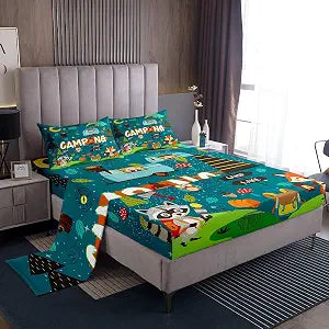 Happy Camping Sheet Set Camper Kids Bed Sheets Set For Boys Teens Adult Bedroom, Cartoon Rv Camping Sheets Fox Cute Animal Bed Set For Travel Trailers, 1 Flat Sheet 1 Fitted Sheet 1 Pillowcase, Twin