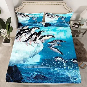 Cute Penguin Bedding Set Twin Size Cute Antarctic Animals Bed Set for Girls Teens Bedroom Decor Kids Penguin Swimming Fitted Sheet Soft Microfiber Ice and Snow Bed Cover(1 Fitted Sheet+1 Pillow Case)