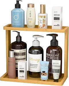 PEKER Bamboo Bathroom Organizer Countertop Small Vanity Storage Shelf for Makeup, Perfume, Skincare Natural Cosmetics Display Rack for Dresser, Sink, Kitchen Natural