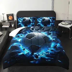 Soccer Print Comforter 3Pcs Twin Blue Sport Soccer Broken Wall Bedding Set