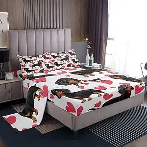 jejeloiu Sausage Dog Bed Sheets Set Dachshund Fitted Sheet Queen Size 4 Pcs