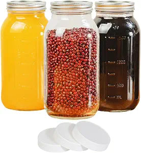 Yodecy 64 oz Wide Mouth Mason Jars, 3 Pack Large Glass Jars with Metal Lids & 3 White Plastic Mason Jar Lids, Half Gallon Glass Jars with Measurements for Fermenting, Canning, Storage, Kombucha