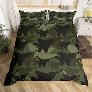 Camouflage Plane Duvet Cover Queen Size Kids Boys Army Green Camo Bedding Set 3pcs for Teens Men Bedroom Decor Black Airplane Silhouette Comforter Cover Modern Abstract Quilt Cover,2 Pillowcases