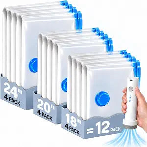12 Pack Vacuum Storage Bags for Travel with Cordless Rechargeable Pump, Carry-On Compression Seal Bags for Luggage and Suitcase, Space Saver for Clothes and Packing