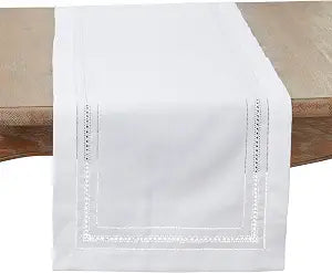Saro Lifestyle Traditional Hemstitch Table Runner, White, 16"x45"