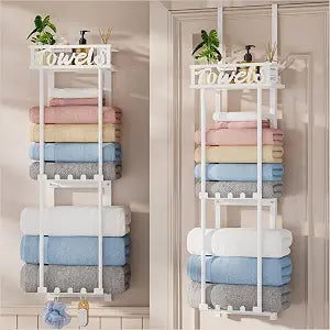 HapiRm Towel Rack Bathroom Storage - 3 Tier Over The Door & Wall Mounted Rolled Towel Racks Holder Organizer with Metal Shelf and 6 Hooks for Small Bathroom, Camper, Rv - White
