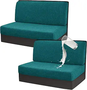 Gollense RV Dinette Cushion Covers, Waterproof Jacquard Stretch Camper Bench Seat Slipcover, Sectional Replacement Loveseat Protector for Trailer Van, 2 Backrest Cover & 2 Bench Cover (Blue Green)