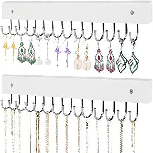 2-Pack Necklace Holder Wall-Mounted Wooden Jewelry Organizer with 28 Hooks