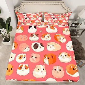 Cute Hamster Fitted Sheet Full Size,Cartoon Mouse Bedding Set for Kids Boys Girls Room Decor,Pink Modern Fashion Microfiber Ultra Soft Bed Sheet,Kawaii Pet Animal Sheet Set 3Pcs,2 Pillowcases