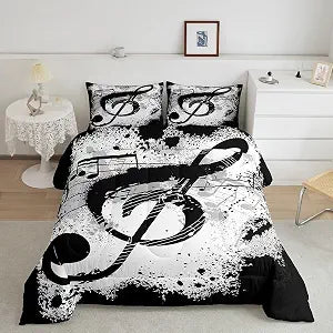 Feelyou Music Notes Comforter Set Rock Music Themed Comforter Musical Pattern Bedding Set for Kids Adults Grunge Design Duvet Set Ultra Soft Black White Room Decor Twin Size Quilt Set