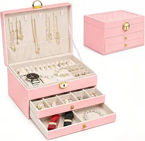 Jewelry Box for Women Girl Wife Jewelry Organizers and Storage with Lock 3 Layer Jewelry Boxes Organizers Large Jewelry Box with PU Leather Display for Earrings Rings Bracelets Watches