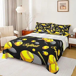 Erosebridal Softball Sheets Full Size, Sports Games Bed Sheets Set for Kids Girls Teens Room Home, Yellow and Black Sheet Set Softball Gifts Flat Fitted Sheet Softball Decor for Boys Bedroom